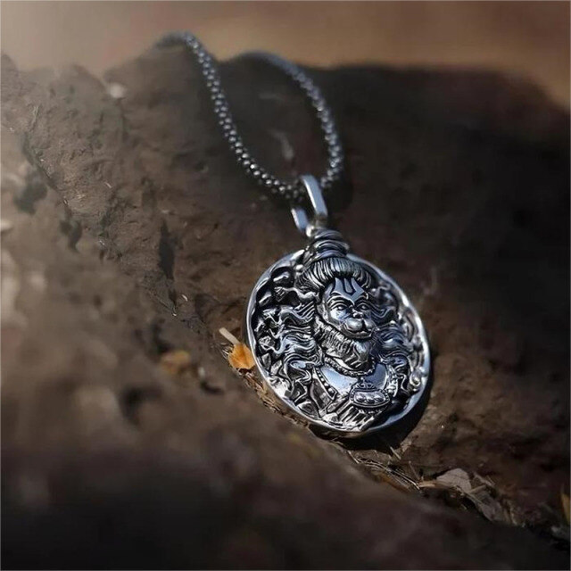 Collana con ciondolo Hanuman a forma di scimmia portafortuna in argento sterling ossidato per uomo-2