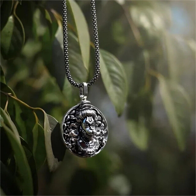 Oxidized Sterling Silver Lucky Monkey Hanuman Pendant Necklace for Men-3