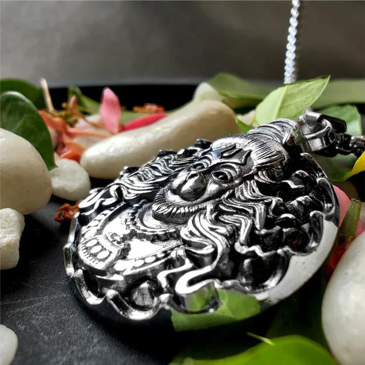 Collier pendentif singe porte-bonheur Hanuman en argent sterling oxydé pour homme-5