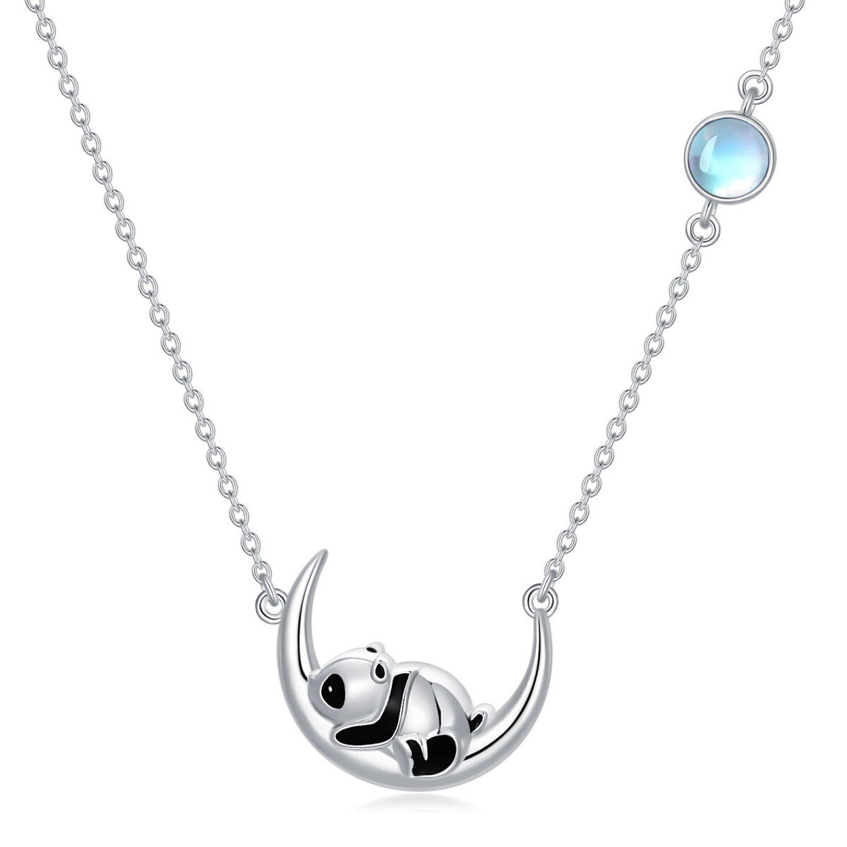 Sterling Silver Moonstone Panda & Moon Pendant Necklace-1