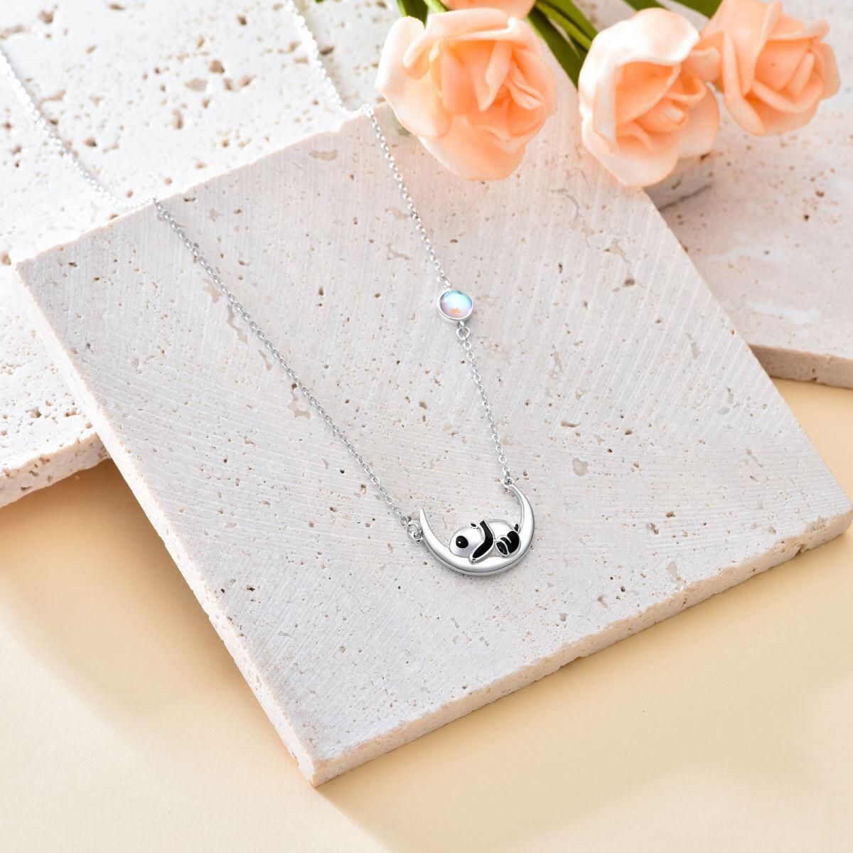 Sterling Silver Moonstone Panda & Moon Pendant Necklace-3