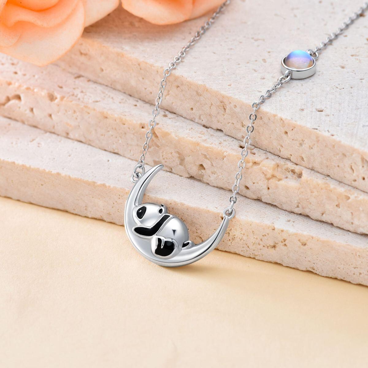 Sterling Silver Moonstone Panda & Moon Pendant Necklace-4