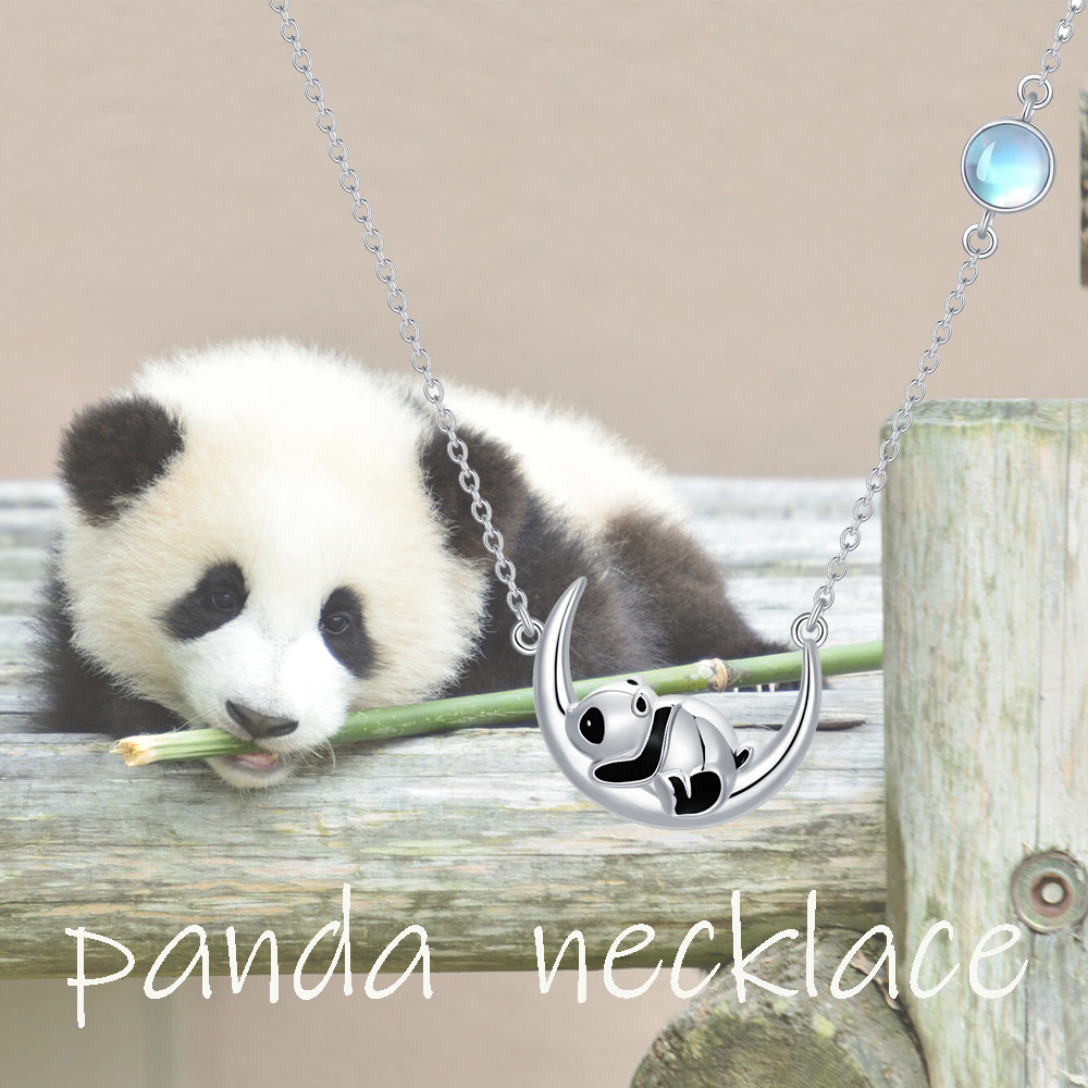 Sterling Silver Moonstone Panda & Moon Pendant Necklace-5