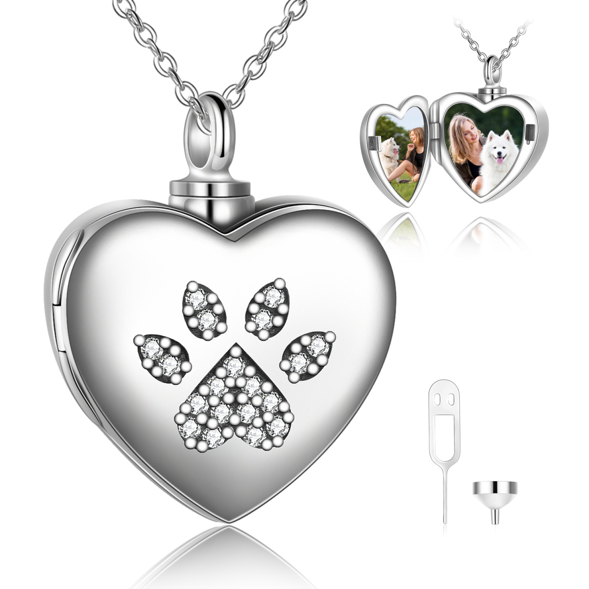 Collar con foto grabada personalizada en forma de corazón y pata de plata esterlina para mujeres y hombres-1