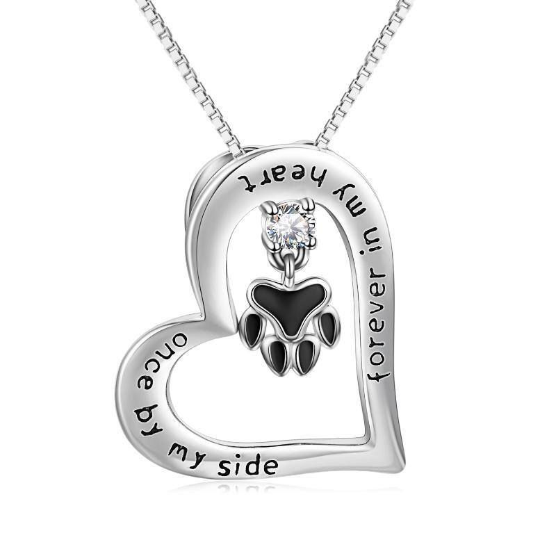 Sterling Silver Cubic Zirconia Paw Heart Engraved Necklace for Women Men-1