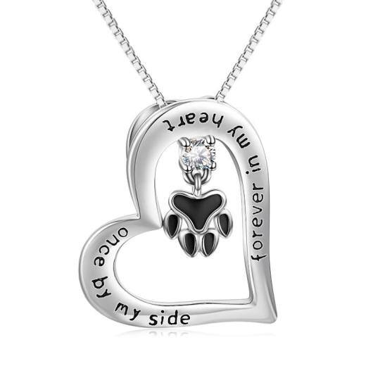 Sterling Silver Cubic Zirconia Paw Heart Engraved Necklace for Women Men