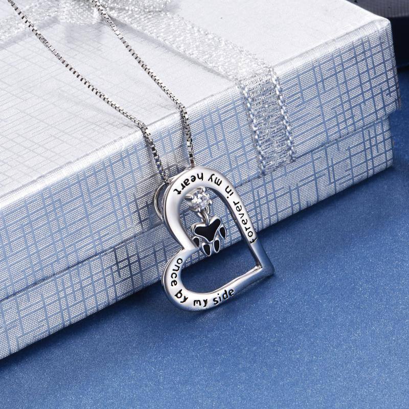 Sterling Silver Cubic Zirconia Paw Heart Engraved Necklace for Women Men-3