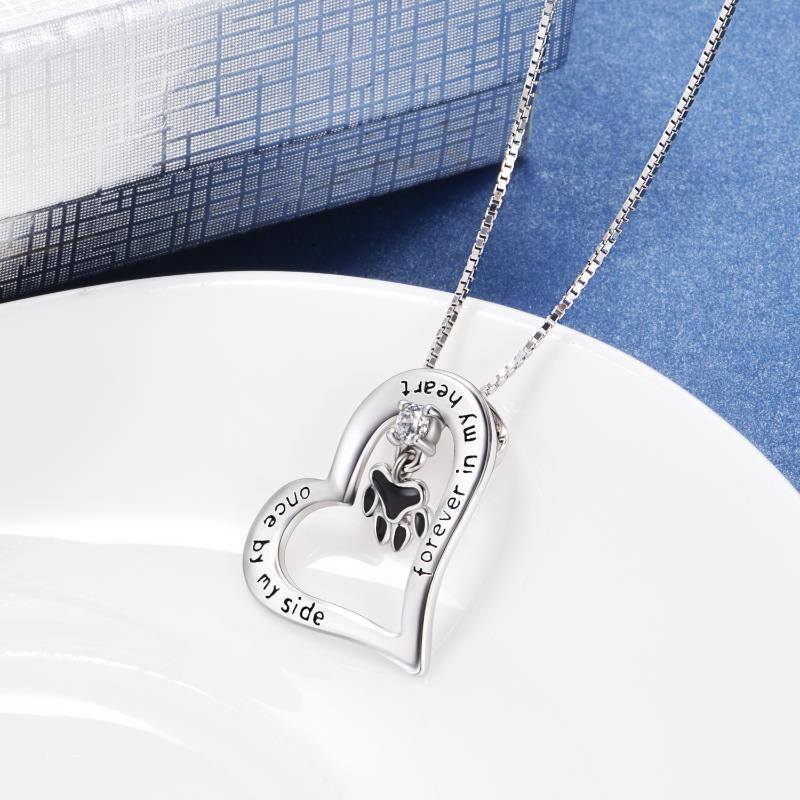 Sterling Silver Cubic Zirconia Paw Heart Engraved Necklace for Women Men-4