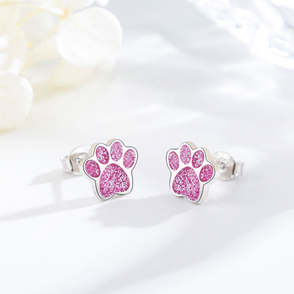 Sterling Silver Cubic Zirconia Paw Stud Earrings-4