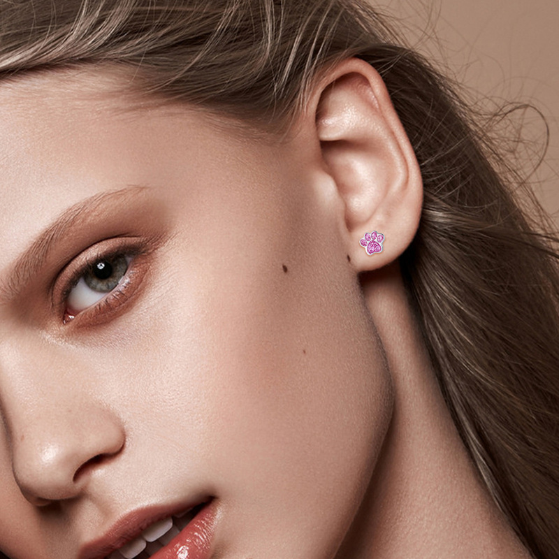 Pendientes de plata de ley con forma de pata y circonita cúbica-3