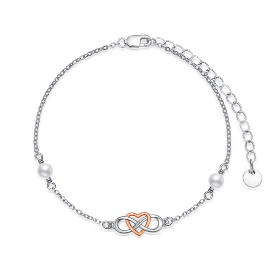 Sterling Silver Pearl Heart & Infinity Symbol Pendant Bracelet