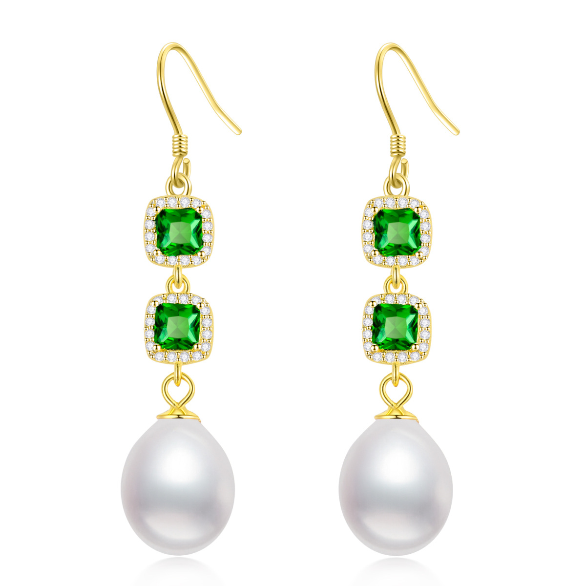 Gold Vermeil Green Square Cubic Zirconia & Pearl Drop Earrings for Women-1