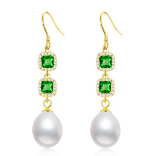 Gold Vermeil Green Square Cubic Zirconia & Pearl Drop Earrings for Women-35