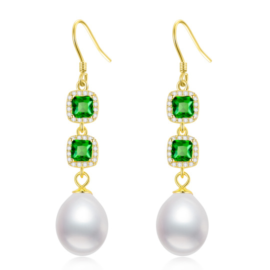 Gold Vermeil Green Square Cubic Zirconia & Pearl Drop Earrings for Women