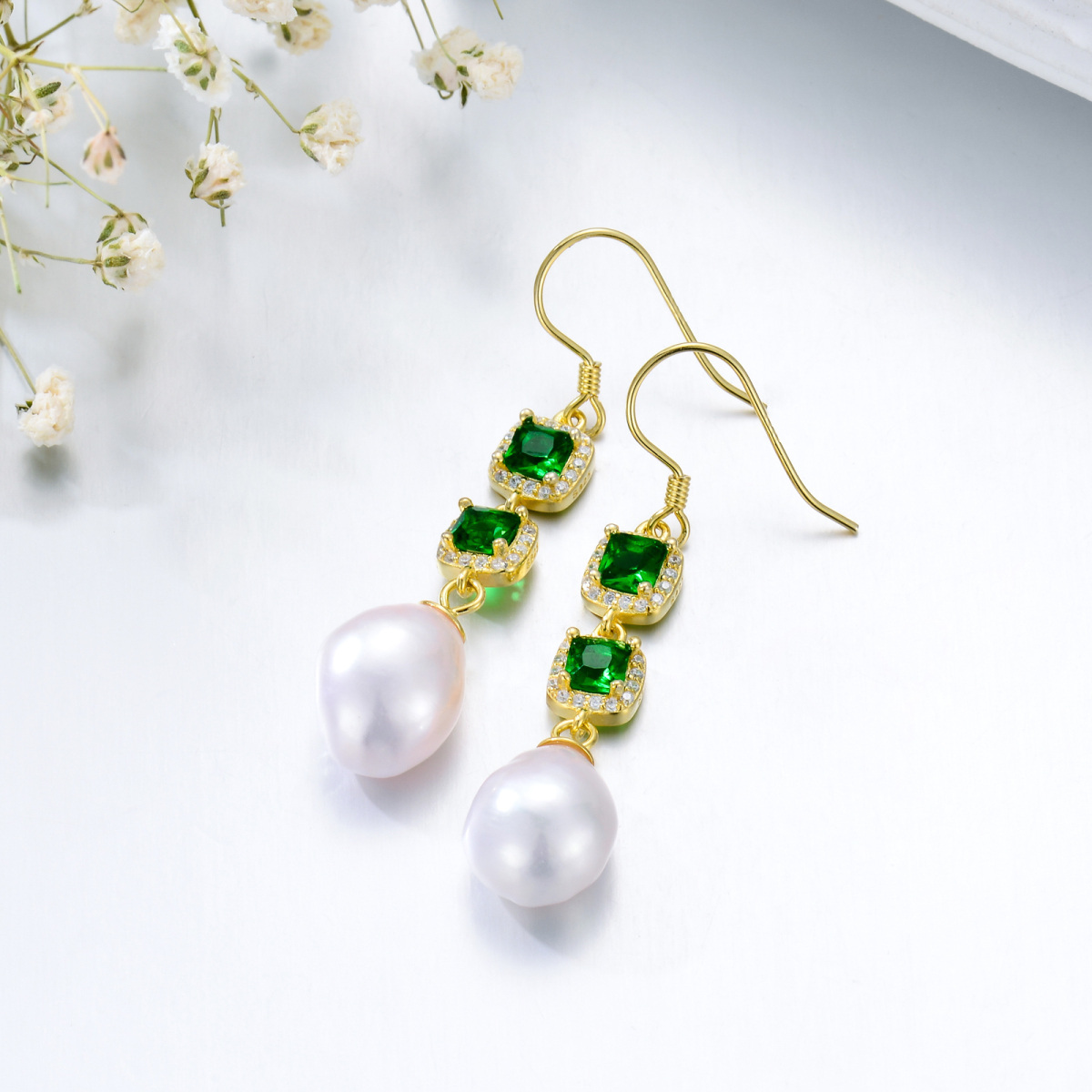 Gold Vermeil Green Square Cubic Zirconia & Pearl Drop Earrings for Women-3