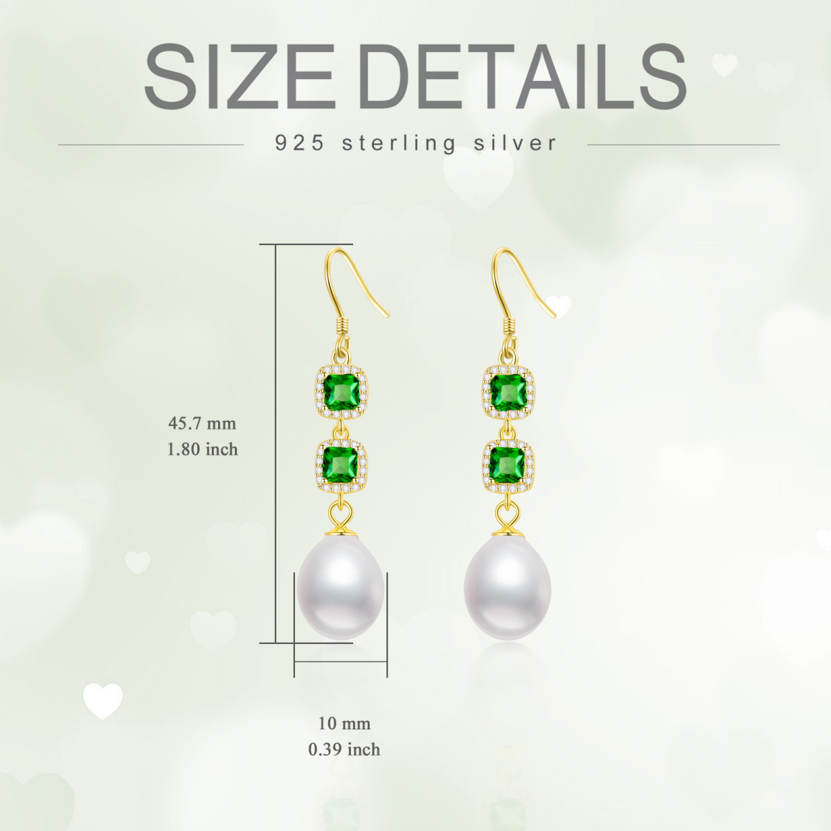 Gold Vermeil Green Square Cubic Zirconia & Pearl Drop Earrings for Women-5