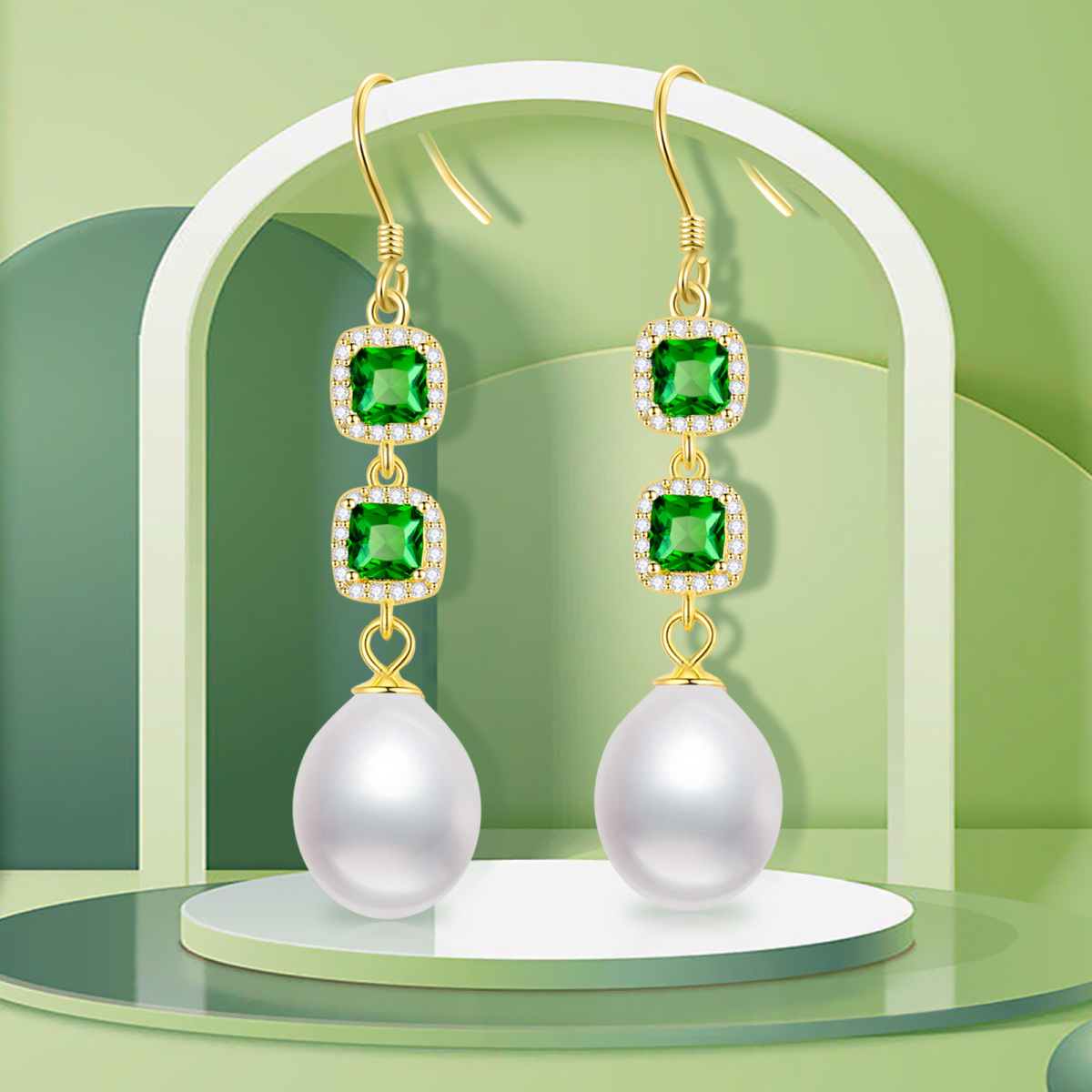 Gold Vermeil Green Square Cubic Zirconia & Pearl Drop Earrings for Women-6