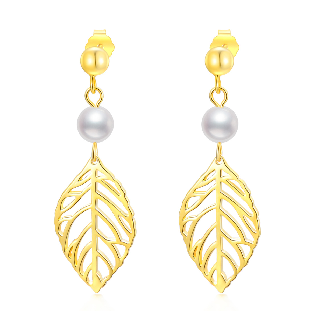 Gold Vermeil Circular Pearl Leaves Drop Earrings for Women-1