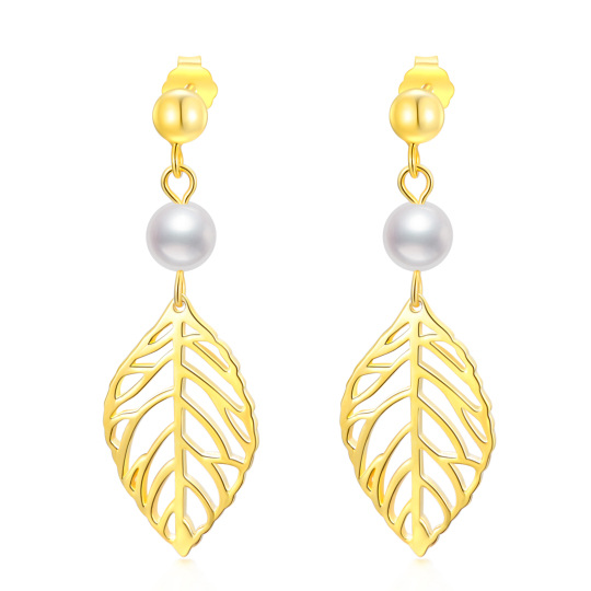 Gold Vermeil Circular Pearl Leaves Drop Earrings for Women