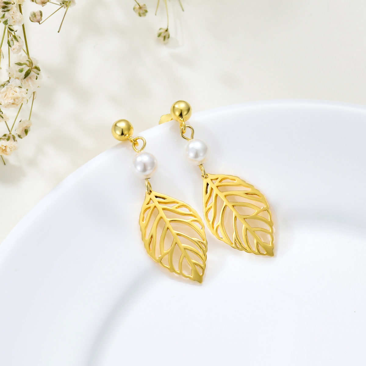 Gold Vermeil Circular Pearl Leaves Drop Earrings for Women-3