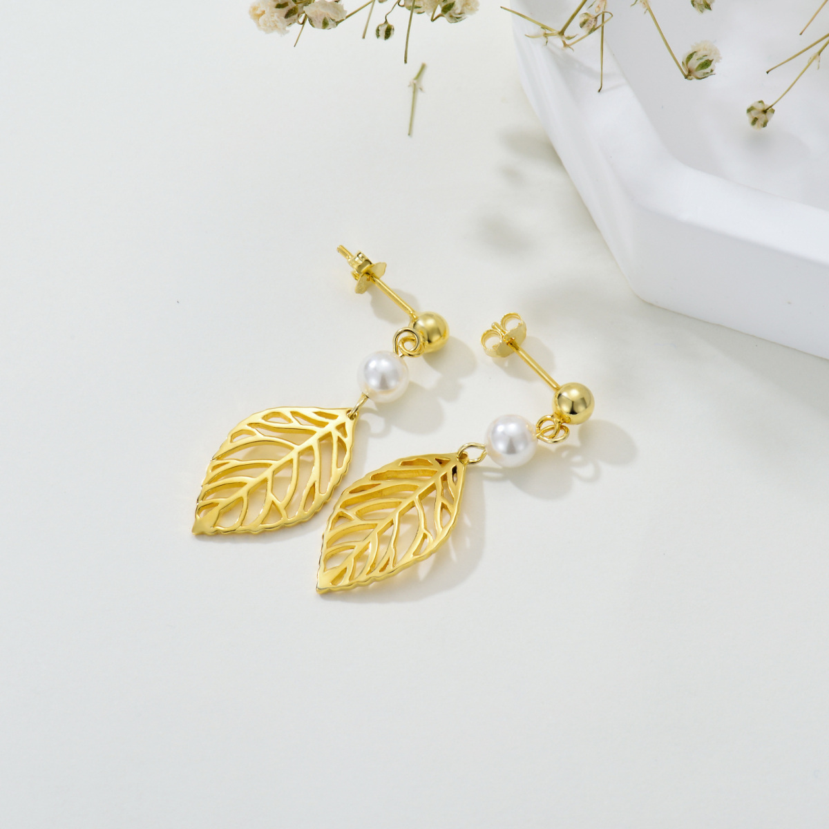 Gold Vermeil Circular Pearl Leaves Drop Earrings for Women-4