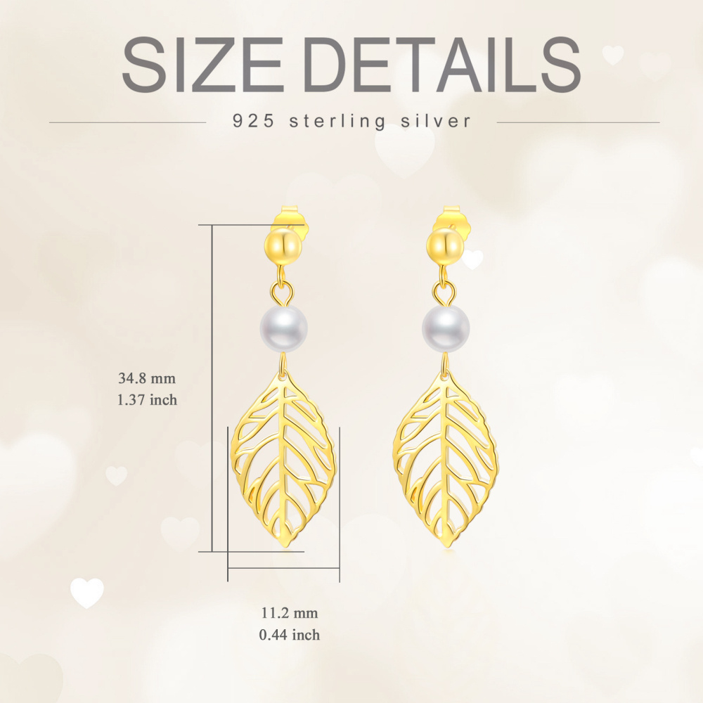 Pendientes colgantes de hojas de perla circulares de oro vermeil para mujer-5