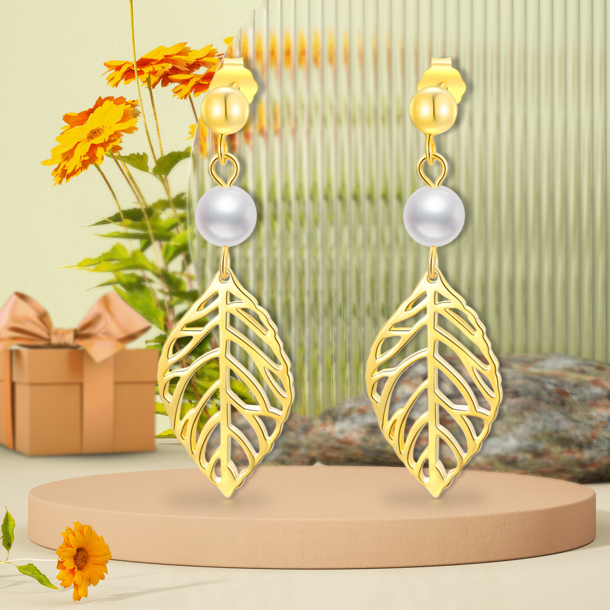 Gold Vermeil Circular Pearl Leaves Drop Earrings for Women-6