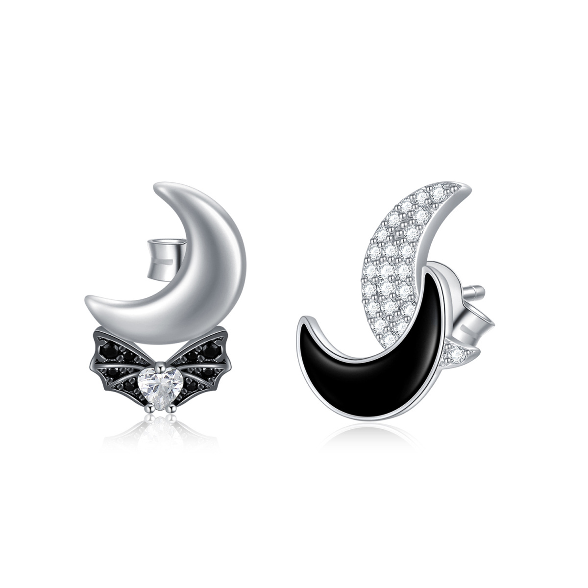 Sterling Silver Two-tone Round Zircon Bat & Moon Stud Earrings-1