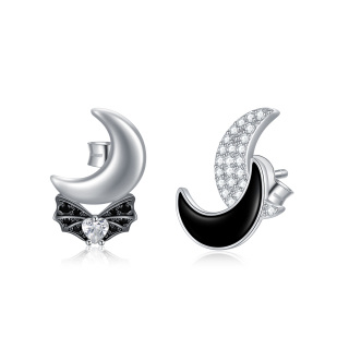 Sterling Silver Two-tone Round Zircon Bat & Moon Stud Earrings-22