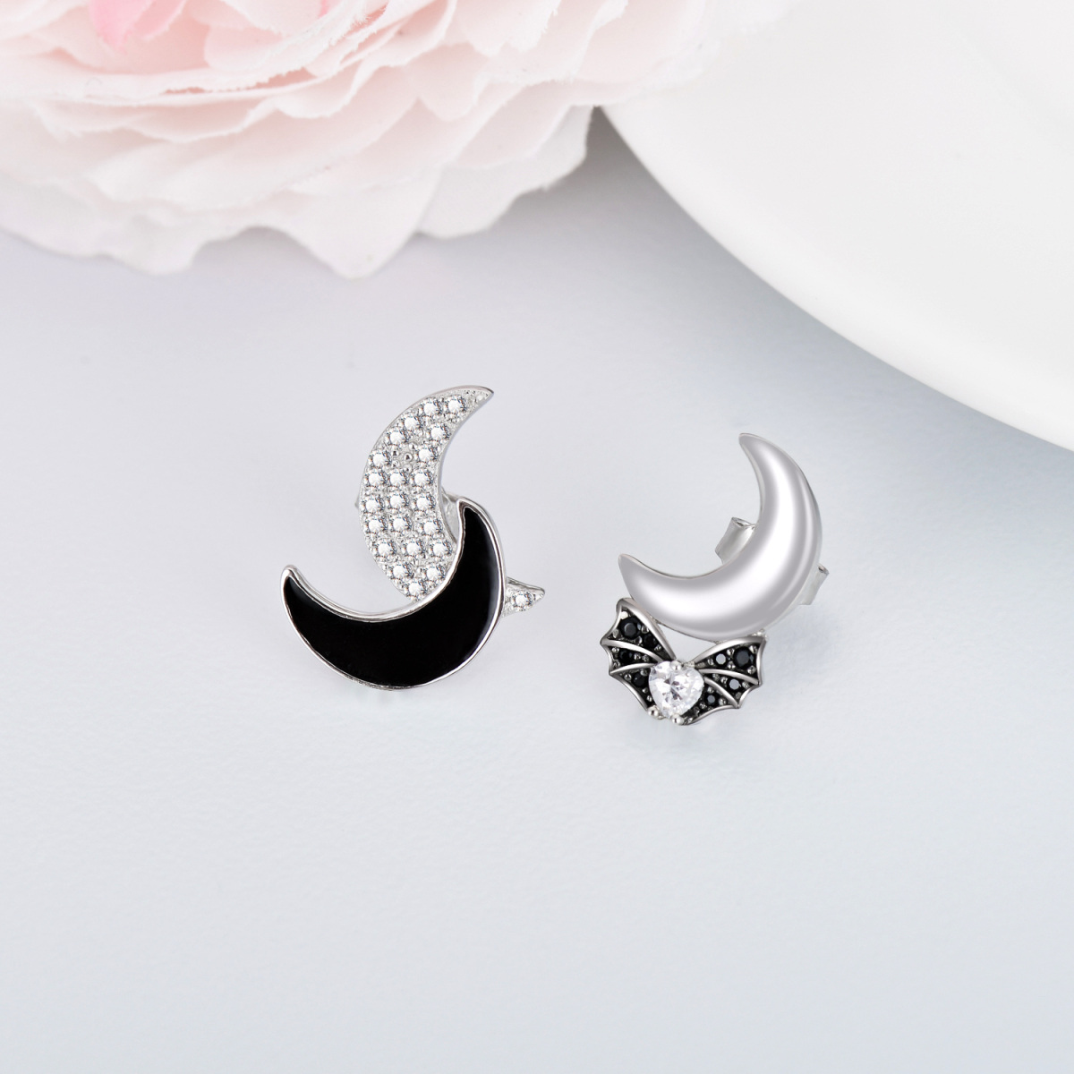 Sterling Silver Two-tone Round Zircon Bat & Moon Stud Earrings-3