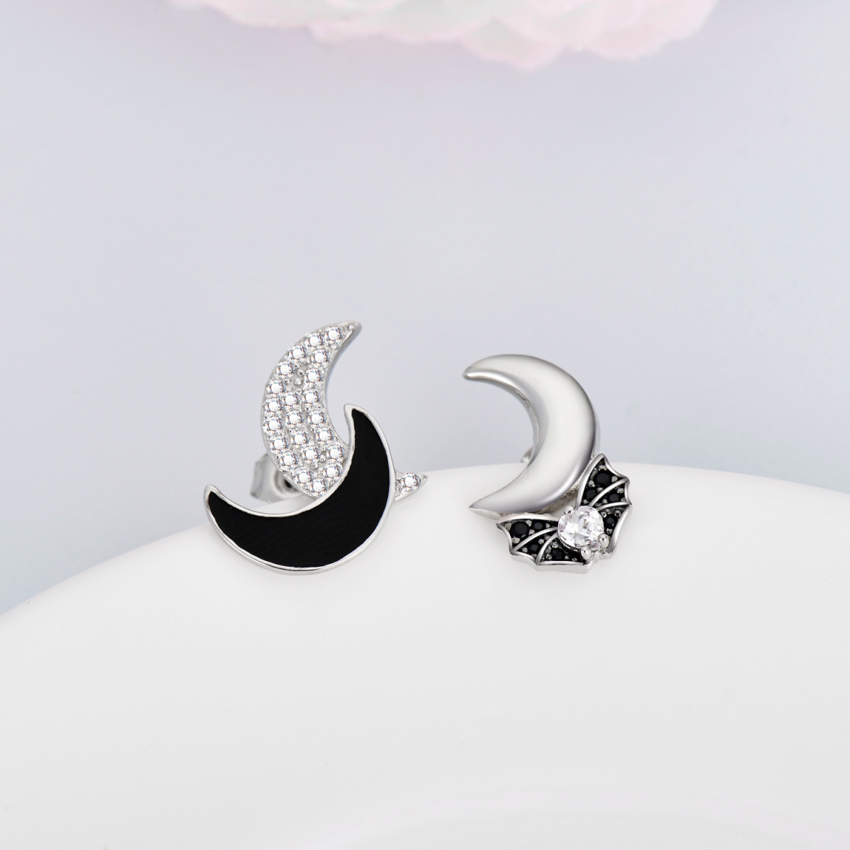 Sterling Silver Two-tone Round Zircon Bat & Moon Stud Earrings-4