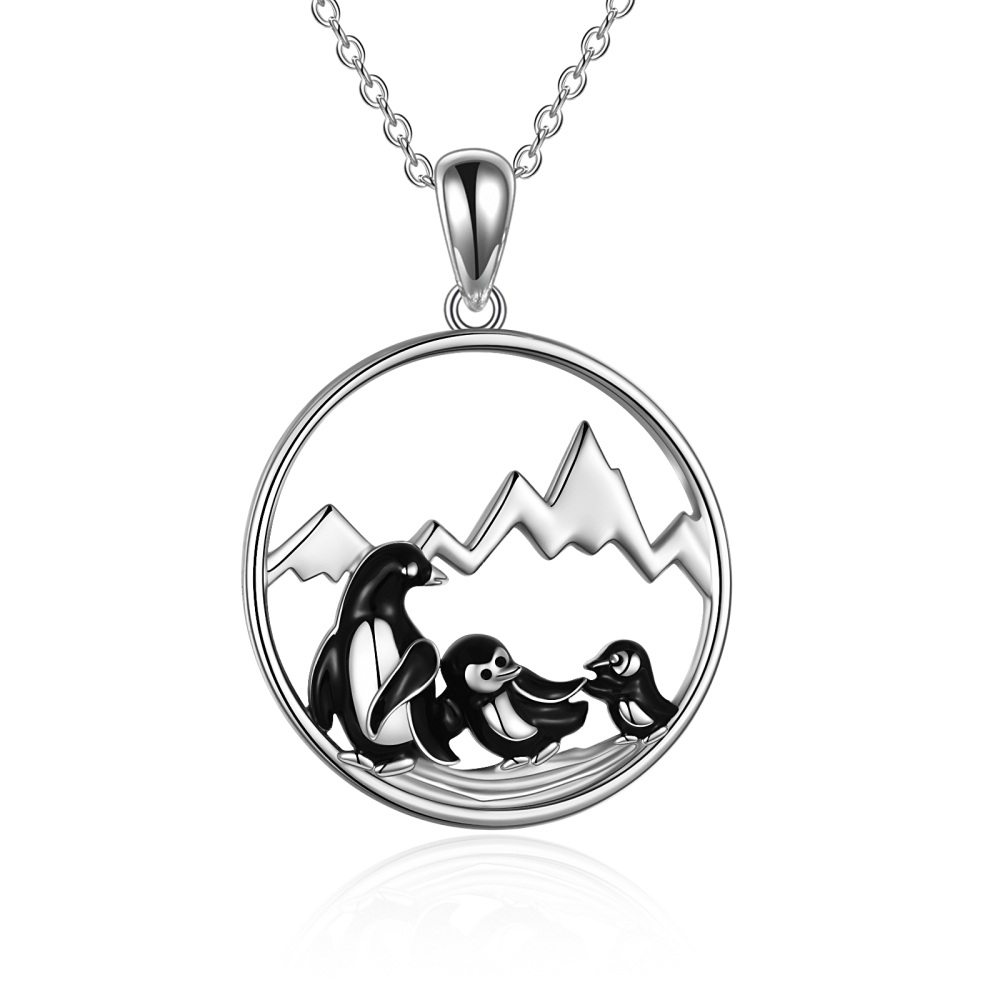 Sterling Silver Penguin & Mountains Pendant Necklace for Women-1