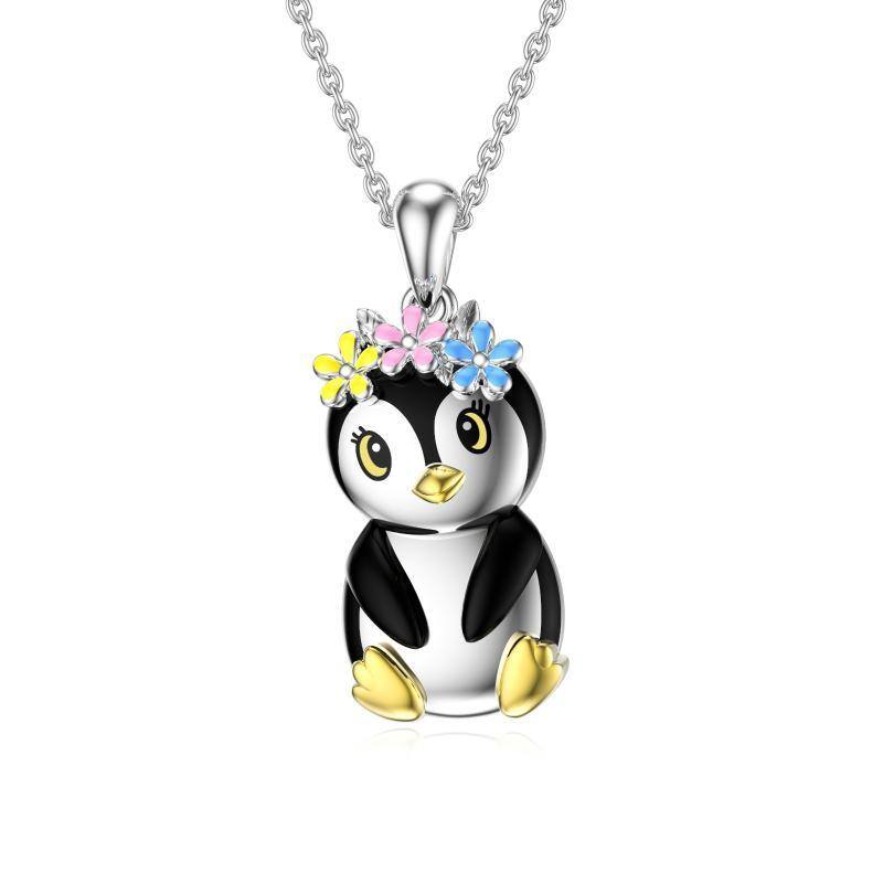 Sterling Zilveren Tweekleurige Pinguïn Wilde Bloemen Hanger Ketting-1