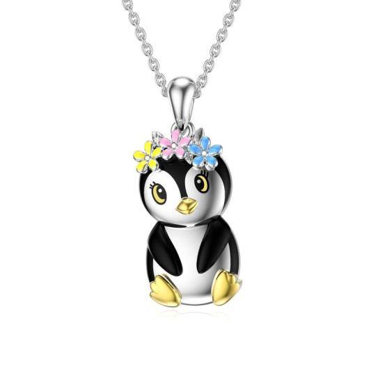 Collier pendentif pingouin bicolore en argent sterling et fleurs sauvages