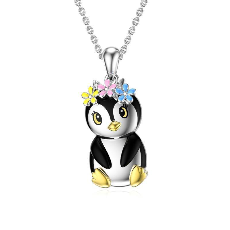 Sterling Silver Two-tone Penguin & Wildflowers Pendant Necklace-6