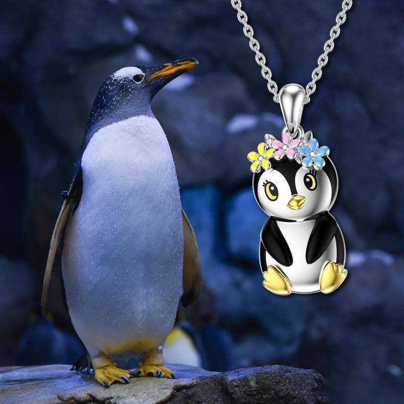 Sterling Silver Two-tone Penguin & Wildflowers Pendant Necklace-6