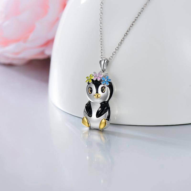 Sterling Silver Two-tone Penguin & Wildflowers Pendant Necklace-3