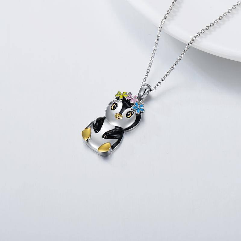 Sterling Silver Two-tone Penguin & Wildflowers Pendant Necklace-4