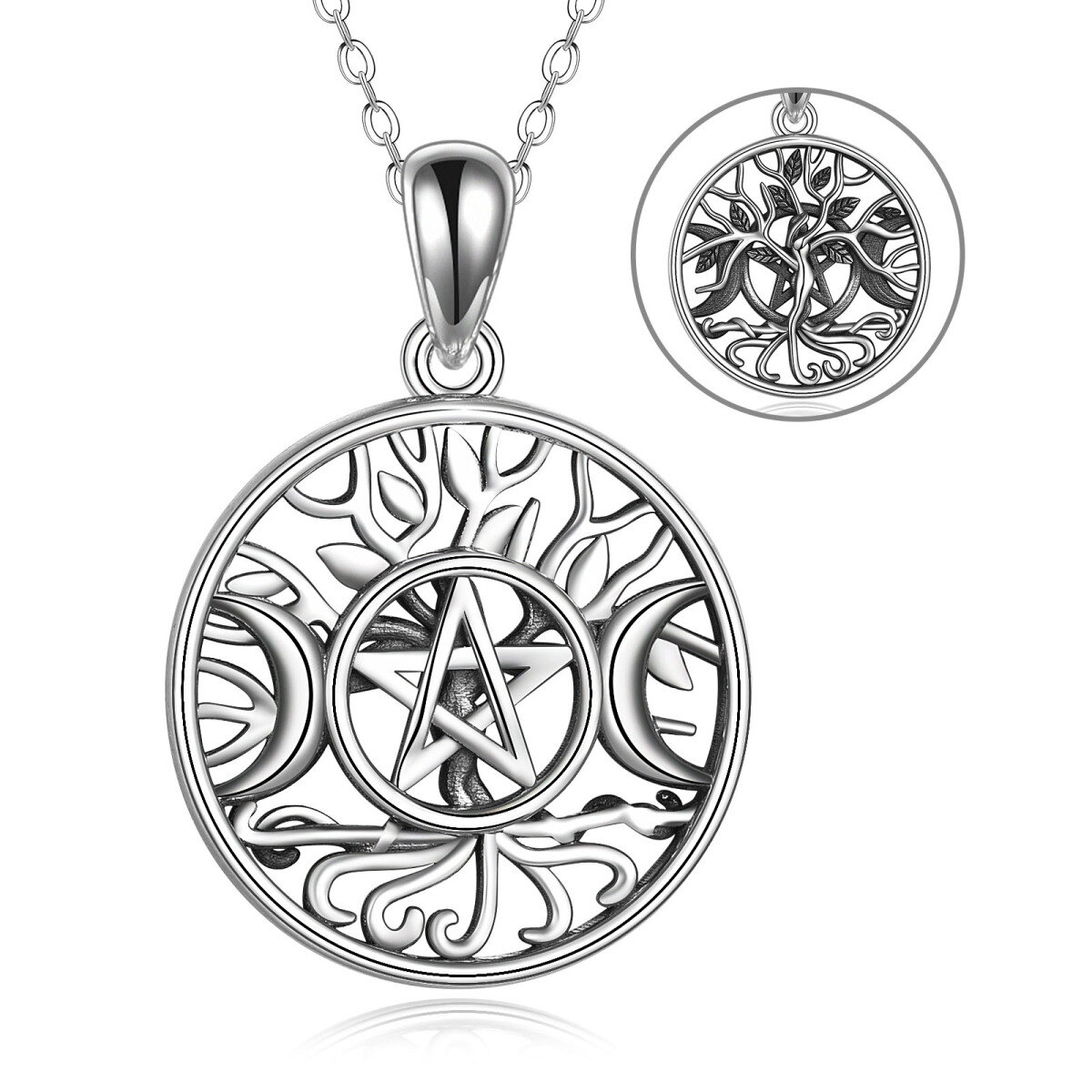 Sterling Silver Tree Of Life & Triple Moon Goddess Pendant Necklace-1