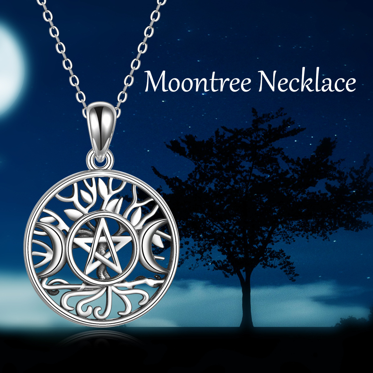 Sterling Silver Tree Of Life & Triple Moon Goddess Pendant Necklace-6