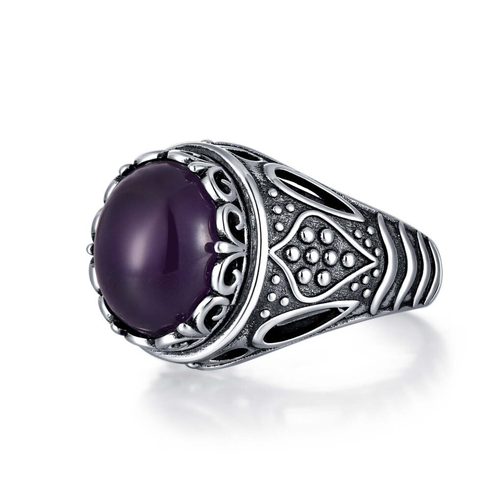 Bague rétro en or 10 carats et argent avec améthyste taille ronde pour homme-1