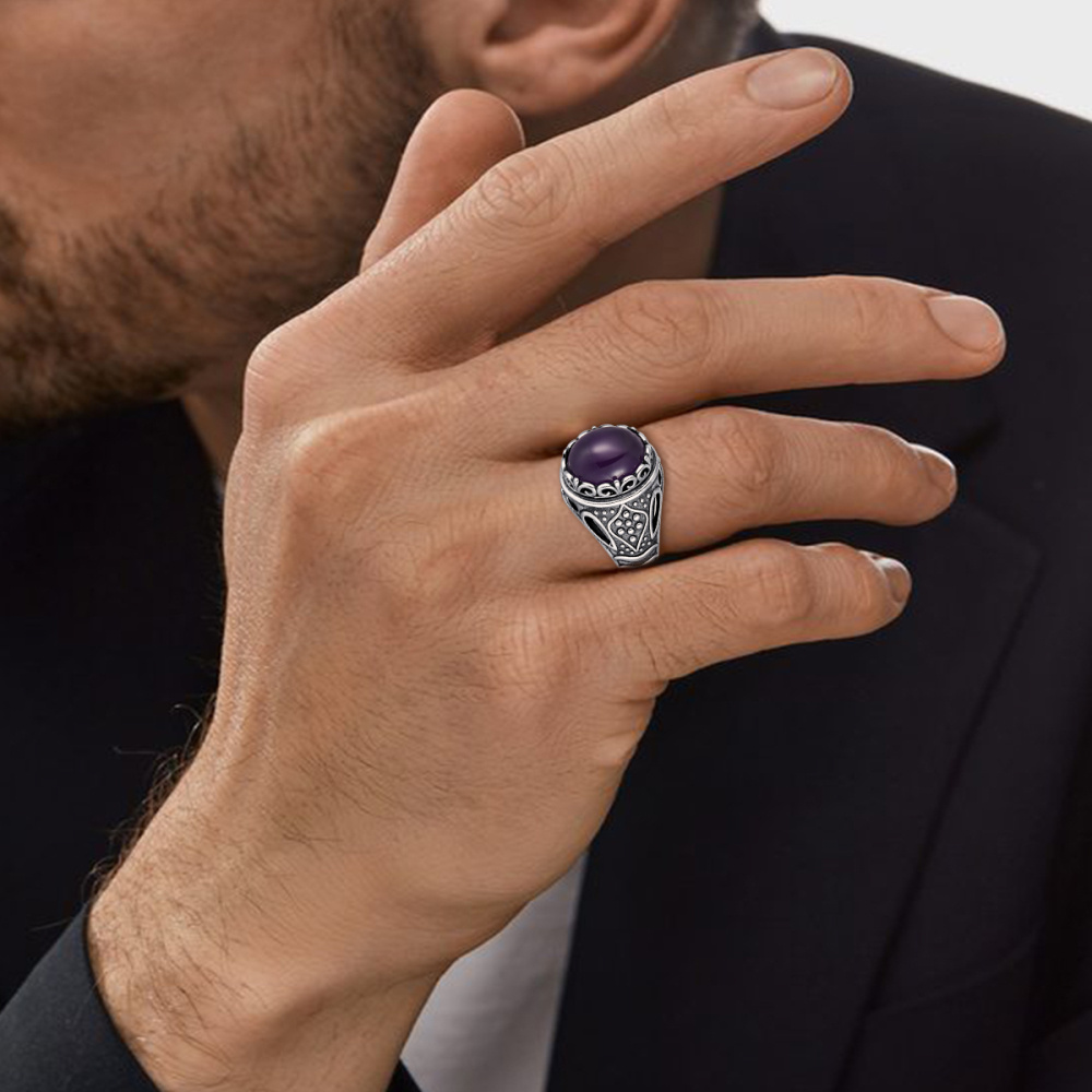 Bague rétro en or 10 carats et argent avec améthyste taille ronde pour homme-2