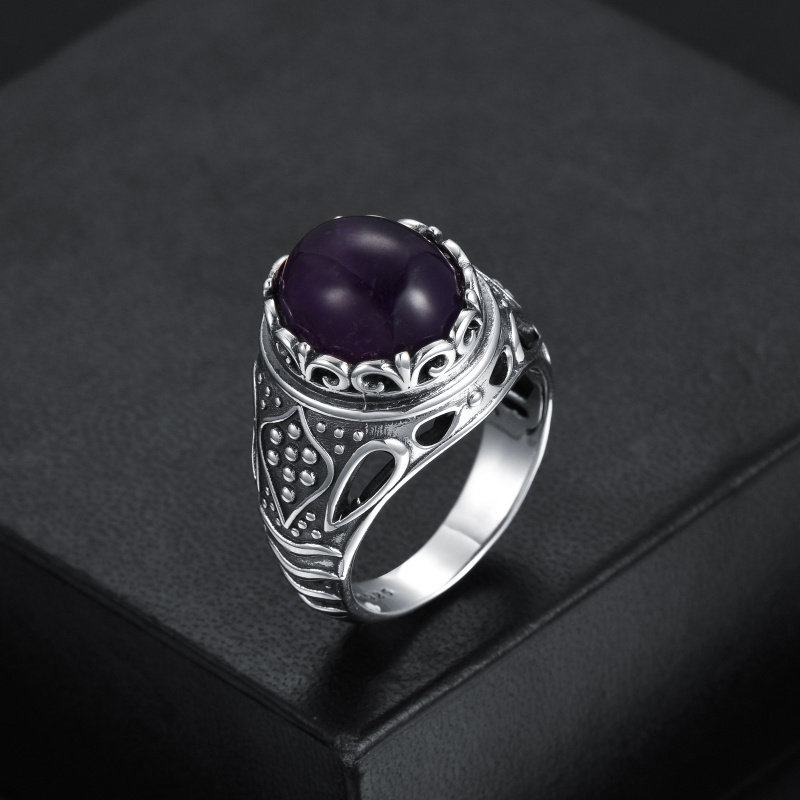 10K Gold Retro Silver Round Cut Amethyst Ring for Men-3