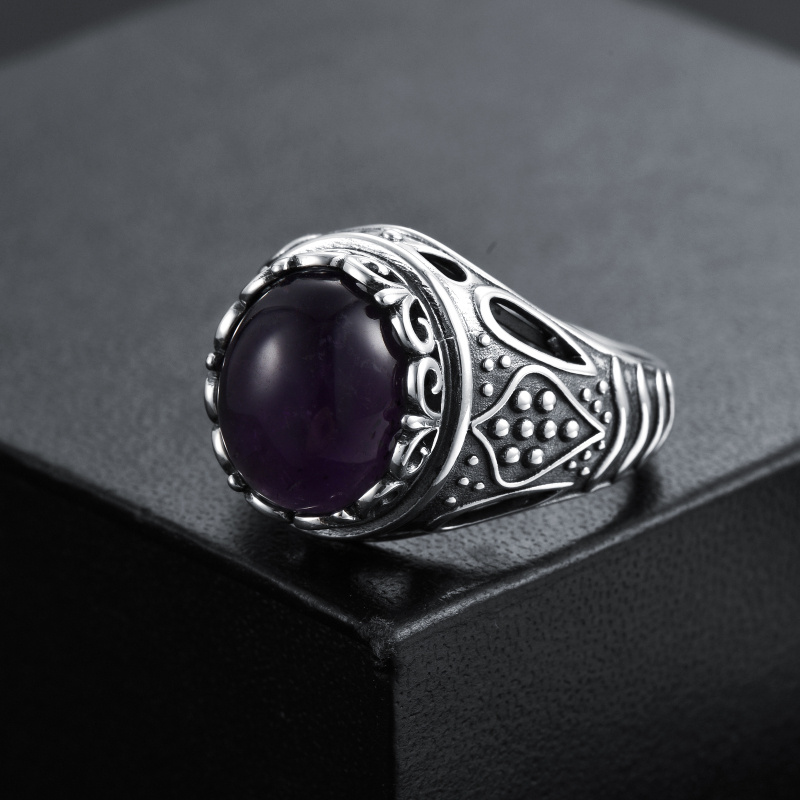 10K Gold Retro Silver Round Cut Amethyst Ring for Men-4