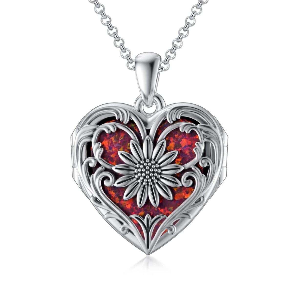 Collar con medallón fotográfico personalizado con forma de corazón de girasol en plata de ley para mujer-1