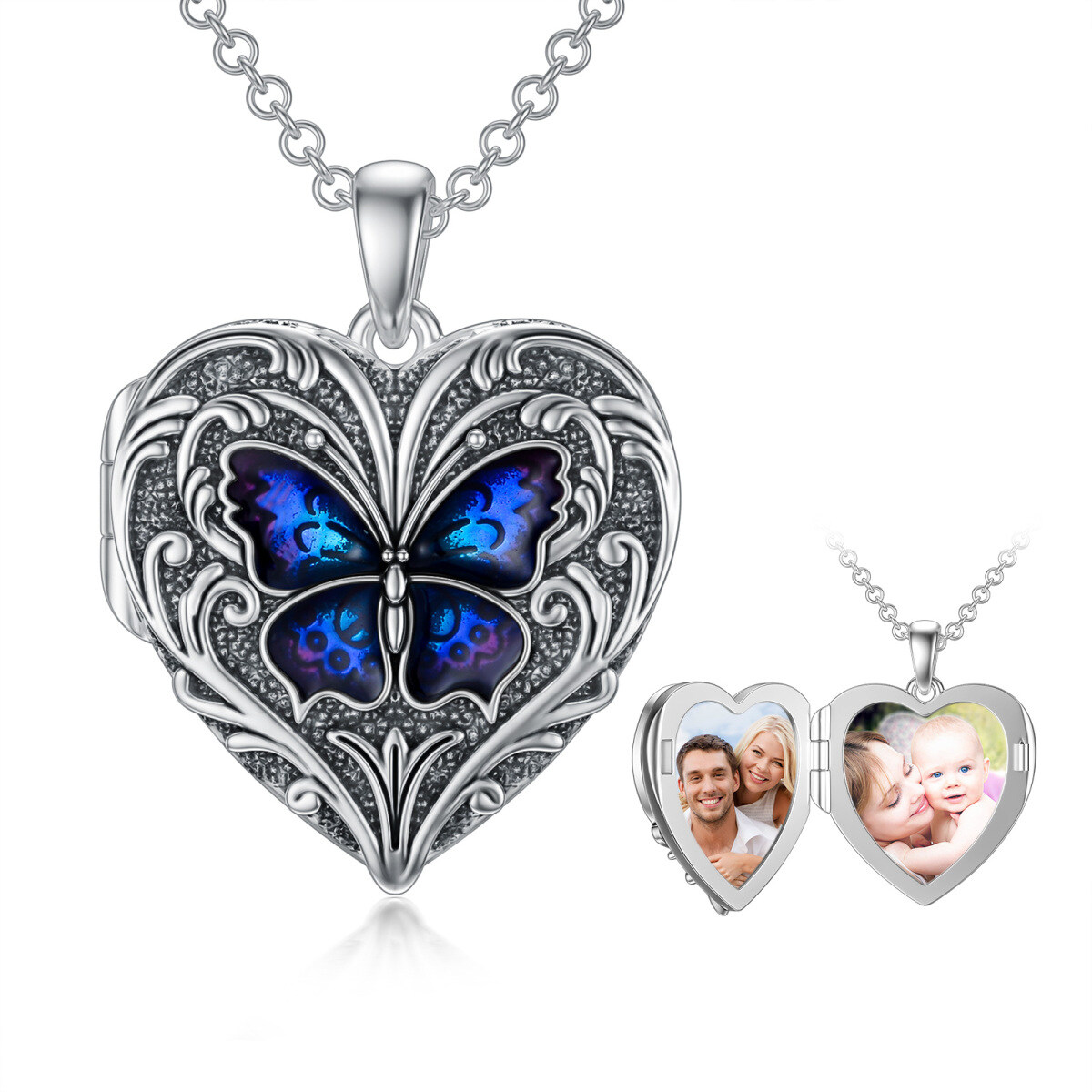 Collar con medallón fotográfico personalizado con forma de corazón y mariposa en plata de ley para mujeres y hombres-1