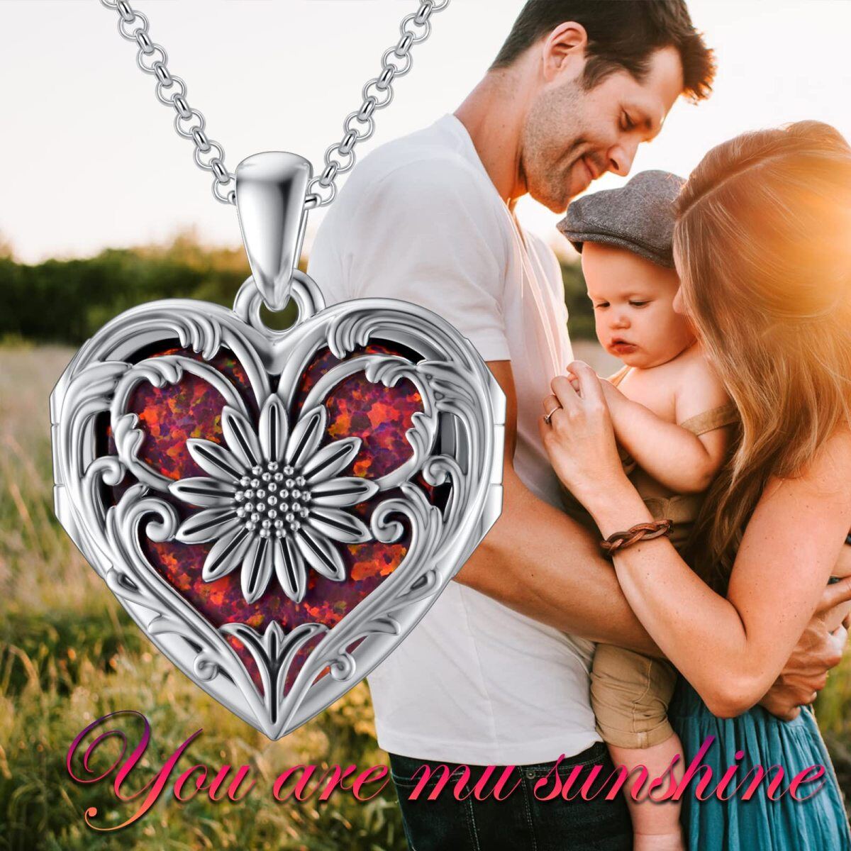 Collar con medallón fotográfico personalizado con corazón de girasol y grabado personalizado en plata de ley con ópalo en forma de corazón-7