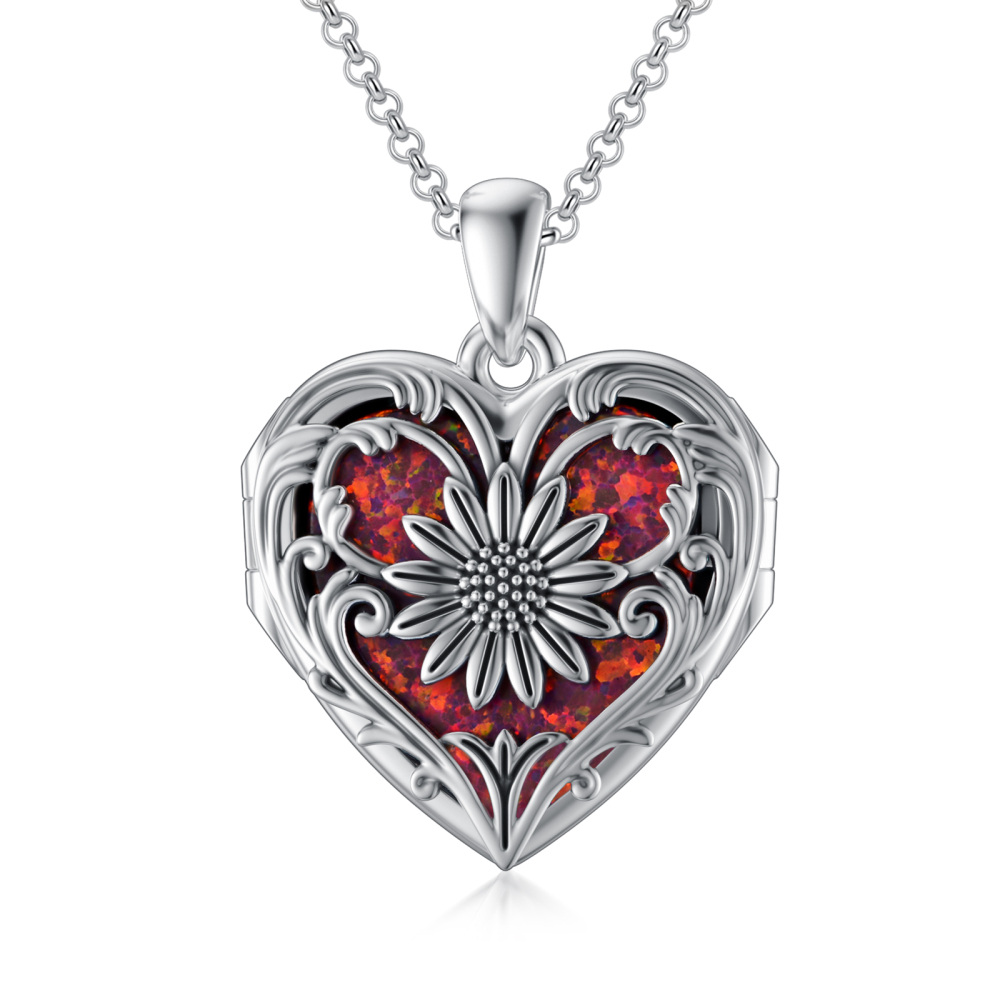 Sterling Zilveren Hart Opaal Gepersonaliseerde Gravure Zonnebloem Hart Gepersonaliseerde Foto Medaillon Ketting-9