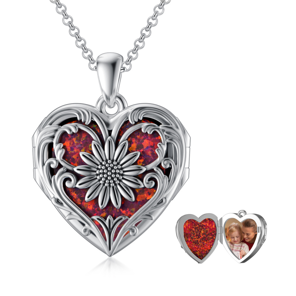 Sterling Zilveren Hart Opaal Gepersonaliseerde Gravure Zonnebloem Hart Gepersonaliseerde Foto Medaillon Ketting-10