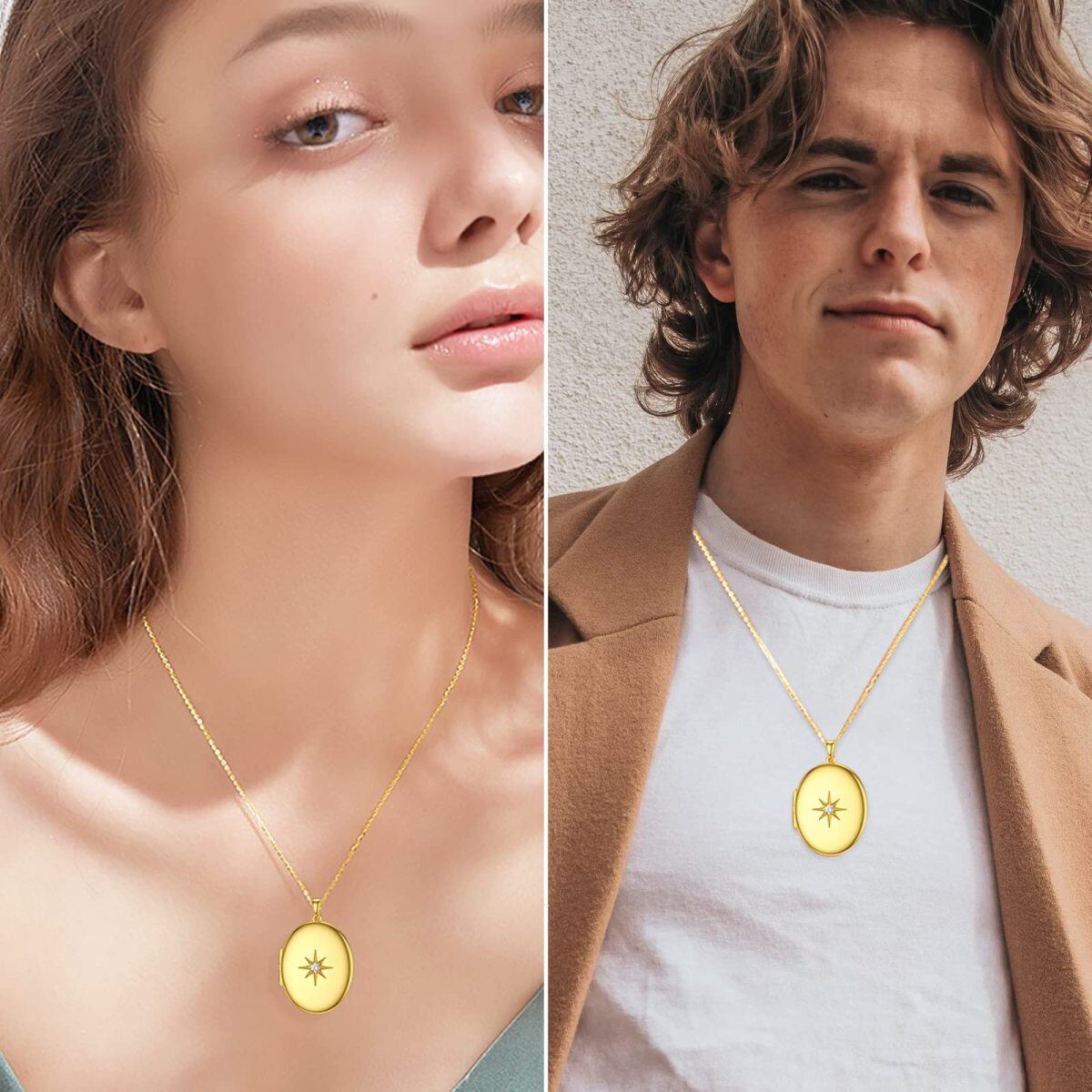 Collar con medallón fotográfico personalizado con estrella de circonita circular de oro vermeil para mujeres y hombres-4